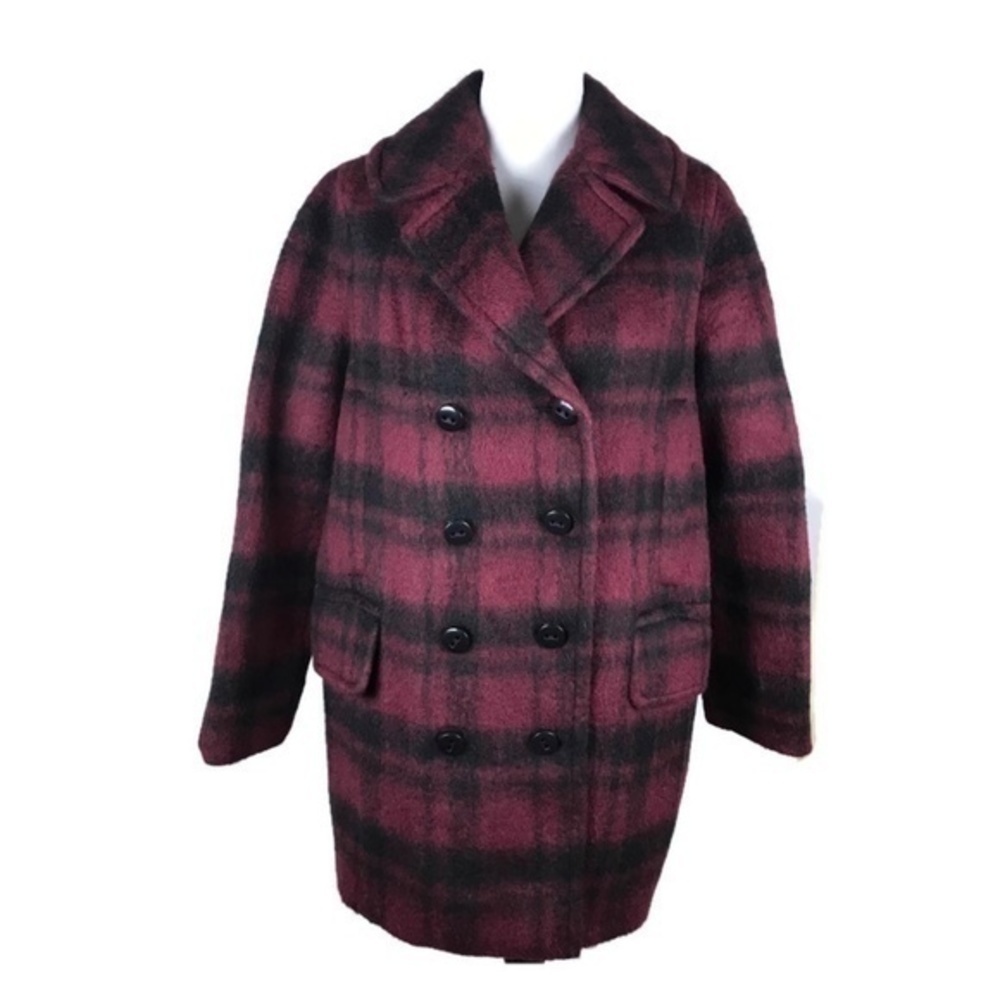Coach Dark Cranberry Wool Buffalo Plaid Peacoat Size Medium - Picture 2 of 7